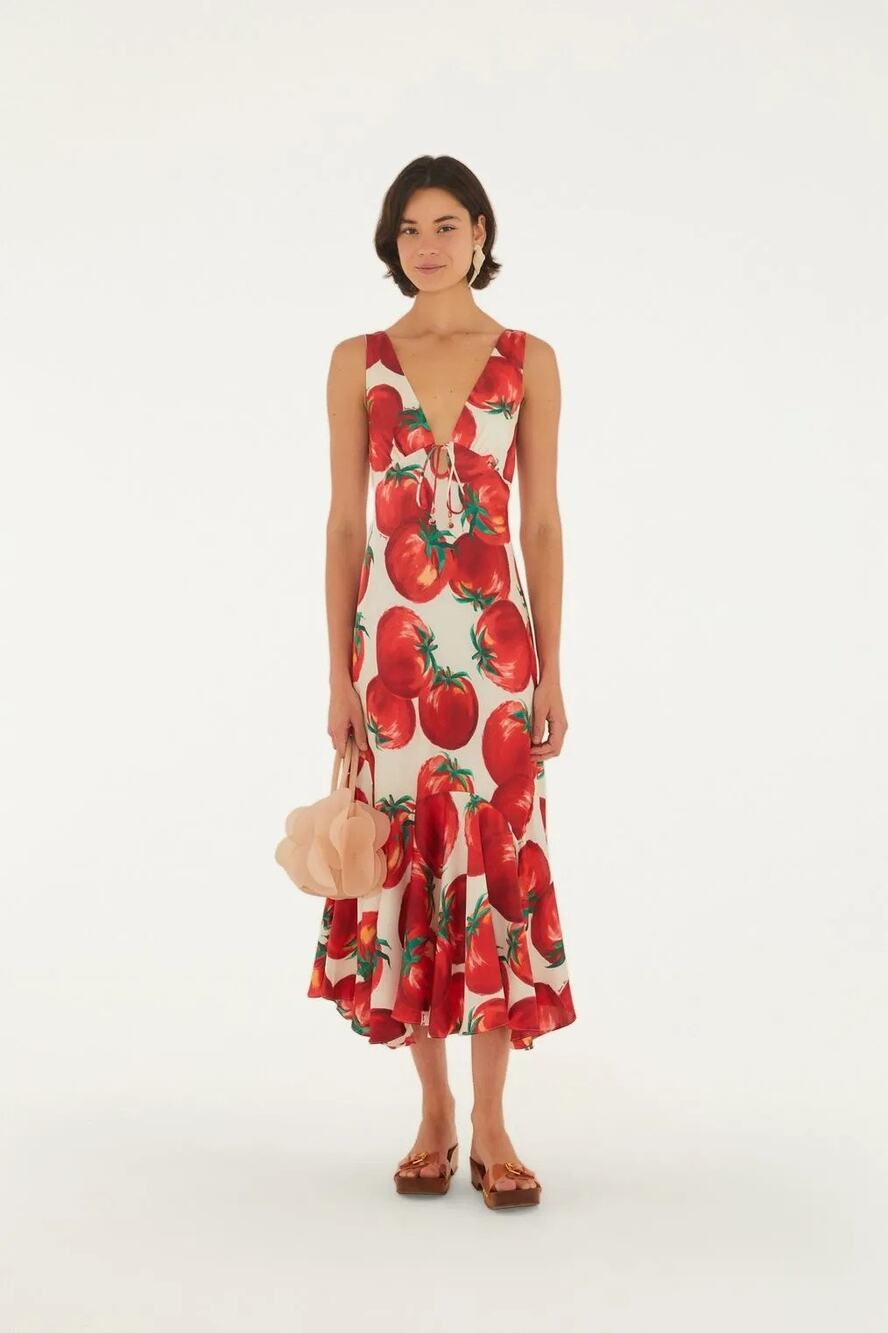 Farm Rio Tomato Printed Pointed Dress